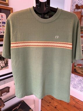 Men's Vintage Hang Ten Olive Green Short-Sleeve Crewneck Tee with Stripe Detail
